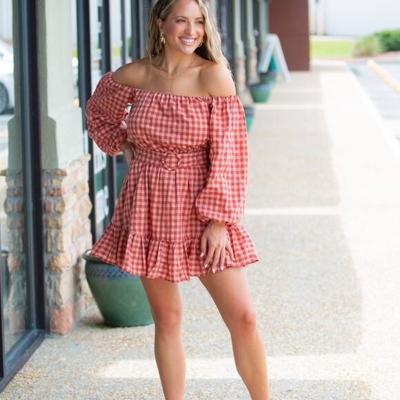 MINKPINK Cora mini plaid dress in blush/rust puff sleeves - Picture 9 of 15